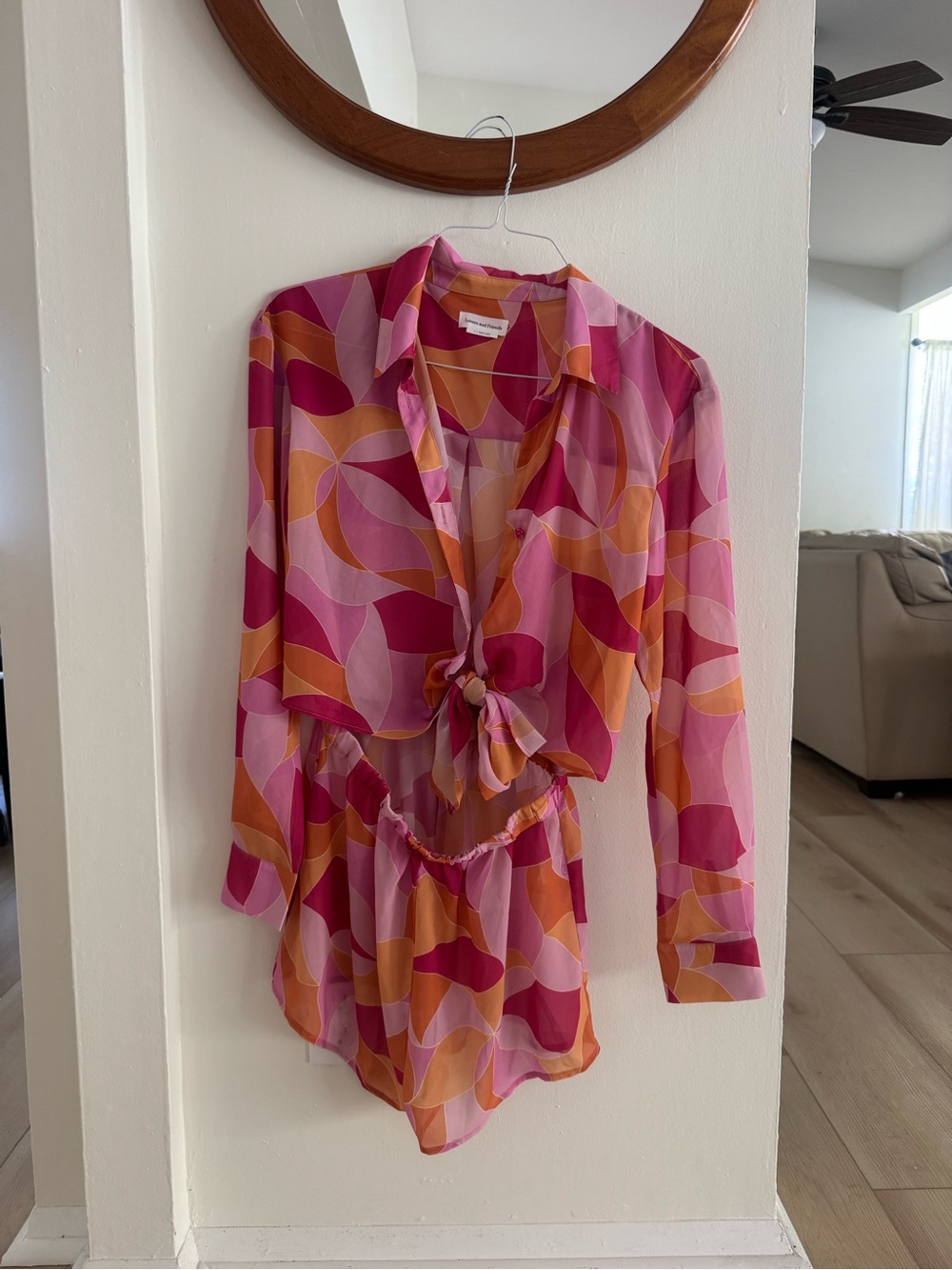 Women's Pink & Orange Printed Tie-Front Blouse - Lightweight Long Sleeve